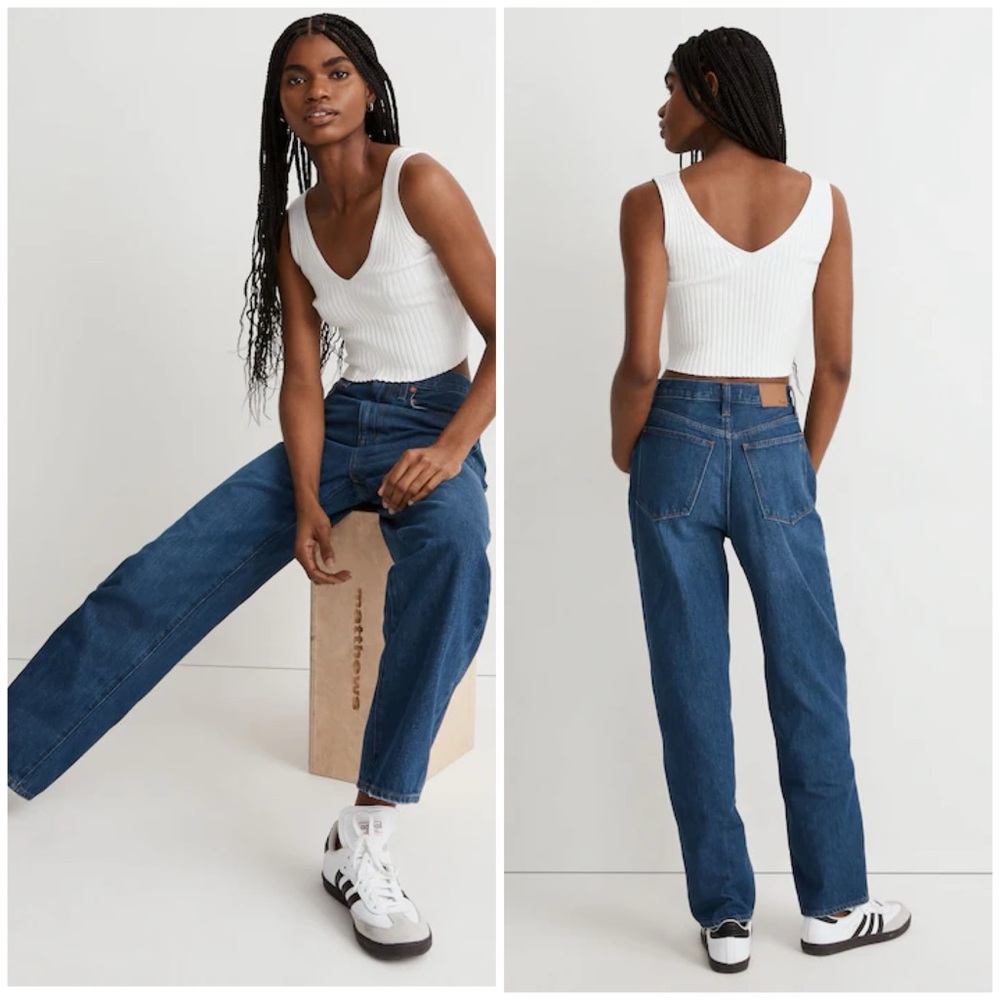 Madewell High Waisted Baggy Straight Jeans in Dark Worn Indigo Wash - Picture 2 of 15